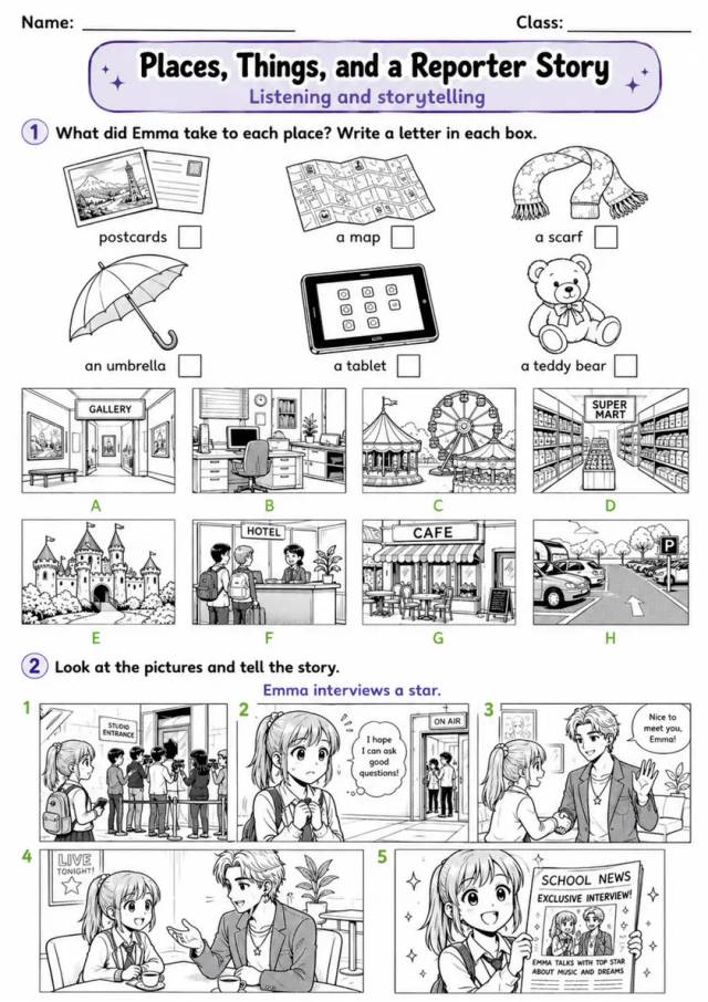 Cambridge Flyers - Places, Things, and a Reporter Story | Free Worksheet primary printable PDF preview