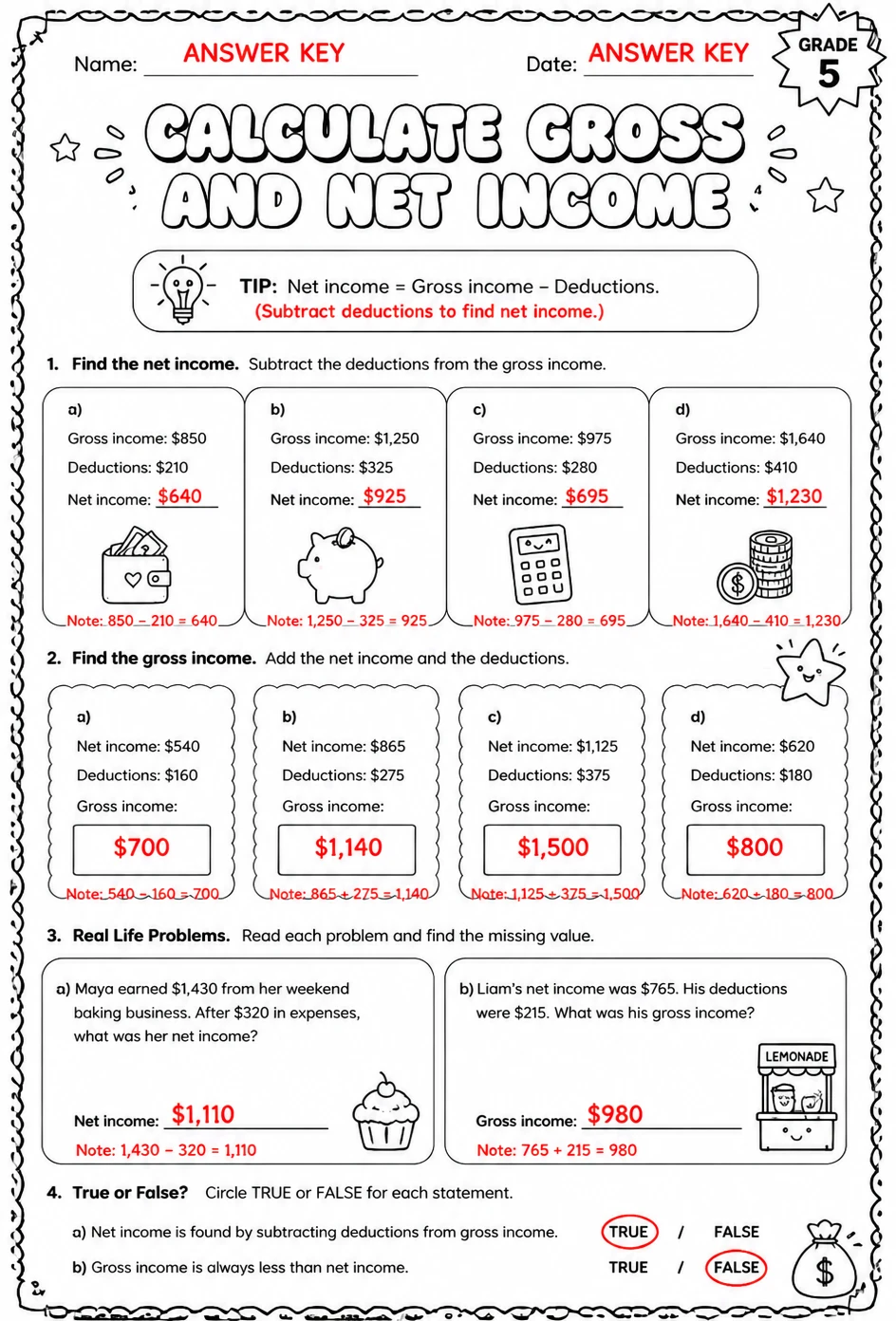 Answer key for Calculate gross and net income — free printable Math worksheet
