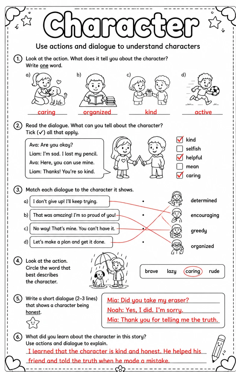 Answer key for Use actions and dialogue to understand characters — free printable English & Reading worksheet