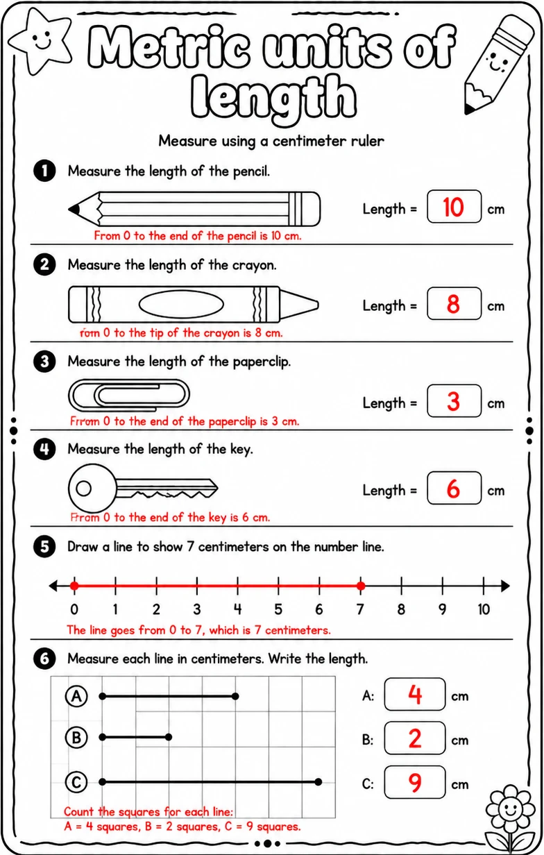 Answer key for Measure using a centimeter ruler — free printable Math worksheet