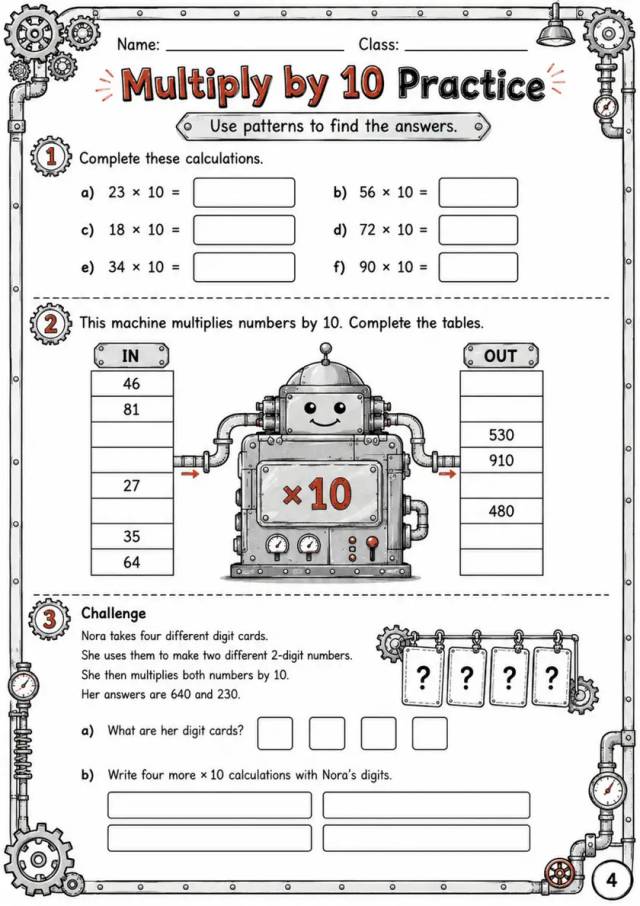 Multiply by 10 Practice - Grade 3 Math Worksheet grade 3 printable PDF preview
