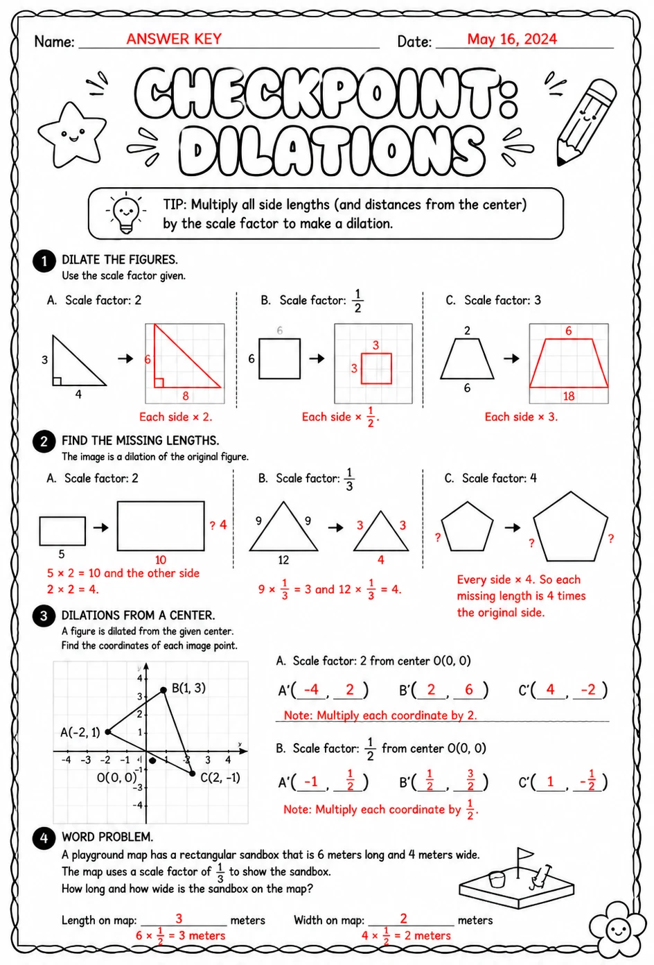 Answer key for Checkpoint: Dilations — free printable Math worksheet