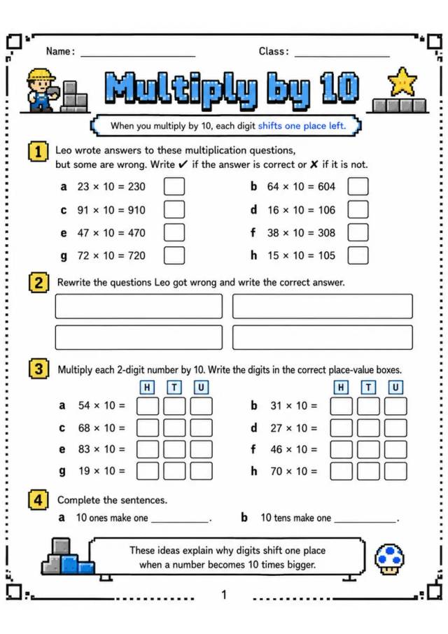 Multiply by 10 - Grade 3 Math Worksheet - grade 3 Reading, explanation, and short-response questions grade 3 printable PDF preview