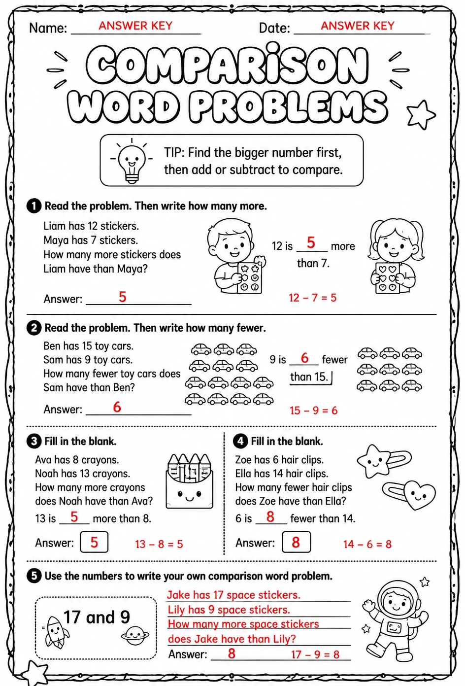 Answer key for Comparison word problems - up to 20 — free printable Math worksheet