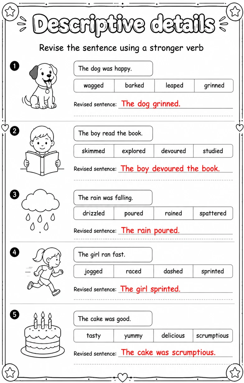 Answer key for Revise the sentence using a stronger verb — free printable English & Reading worksheet