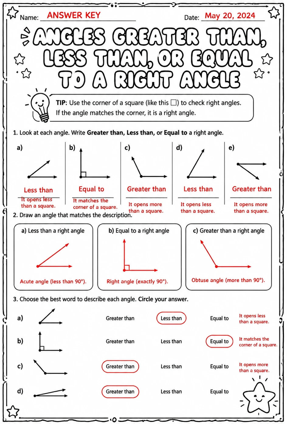 Answer key for Angles greater than, less than, or equal to a right angle — free printable Math worksheet