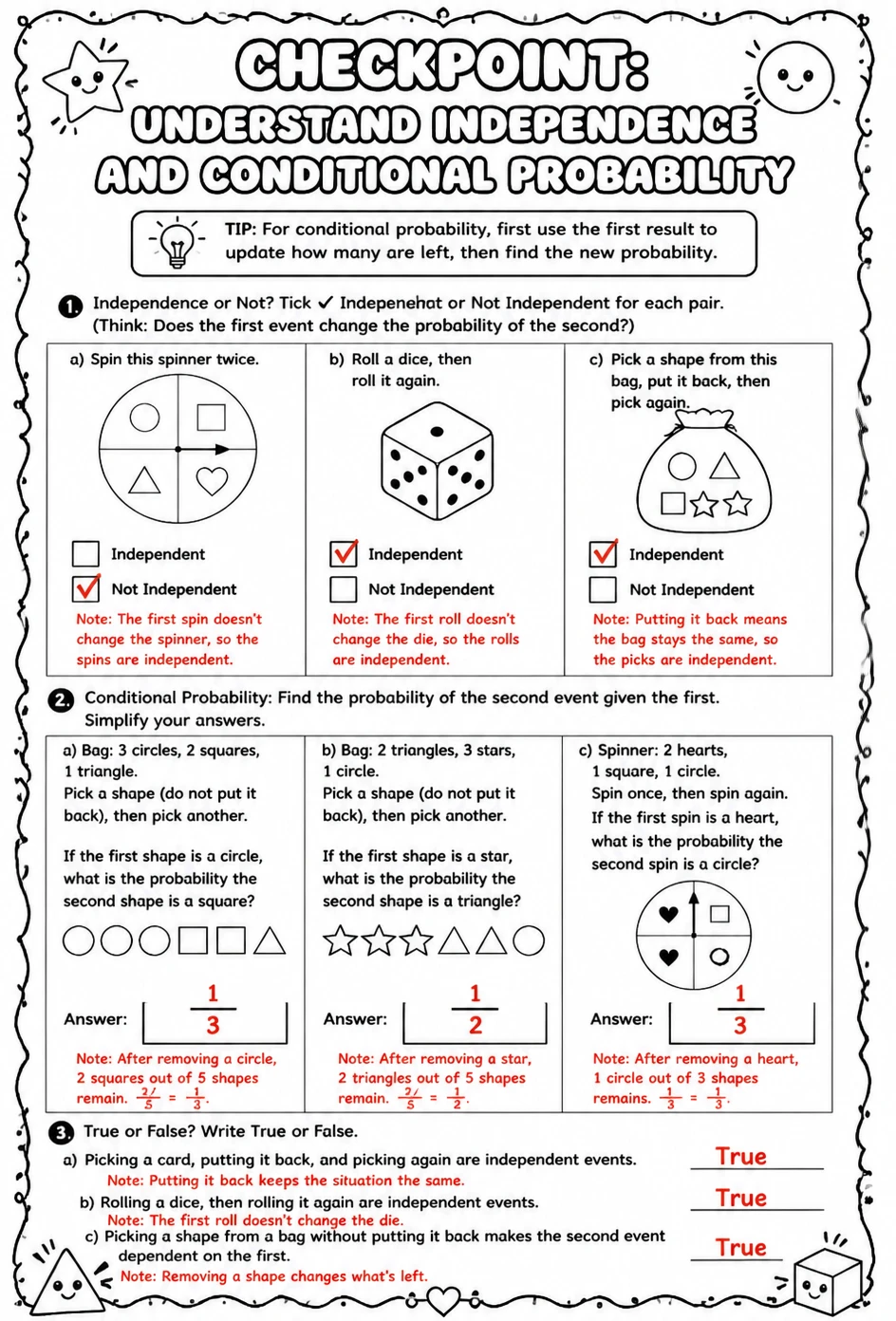 Answer key for Checkpoint: Understand independence and conditional probability — free printable Math worksheet