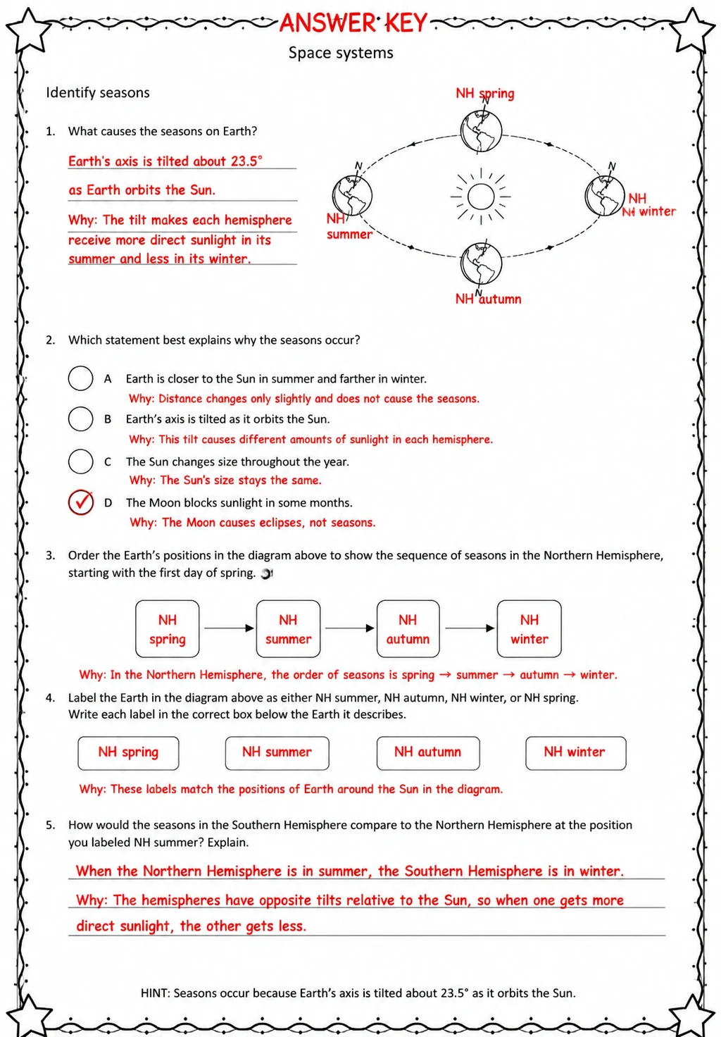 Answer key for Identify seasons — free printable Science worksheet