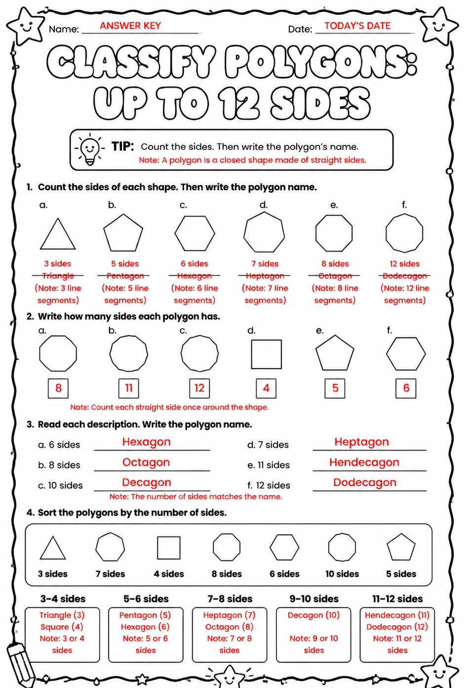 Answer key for Classify polygons: up to 12 sides — free printable Math worksheet