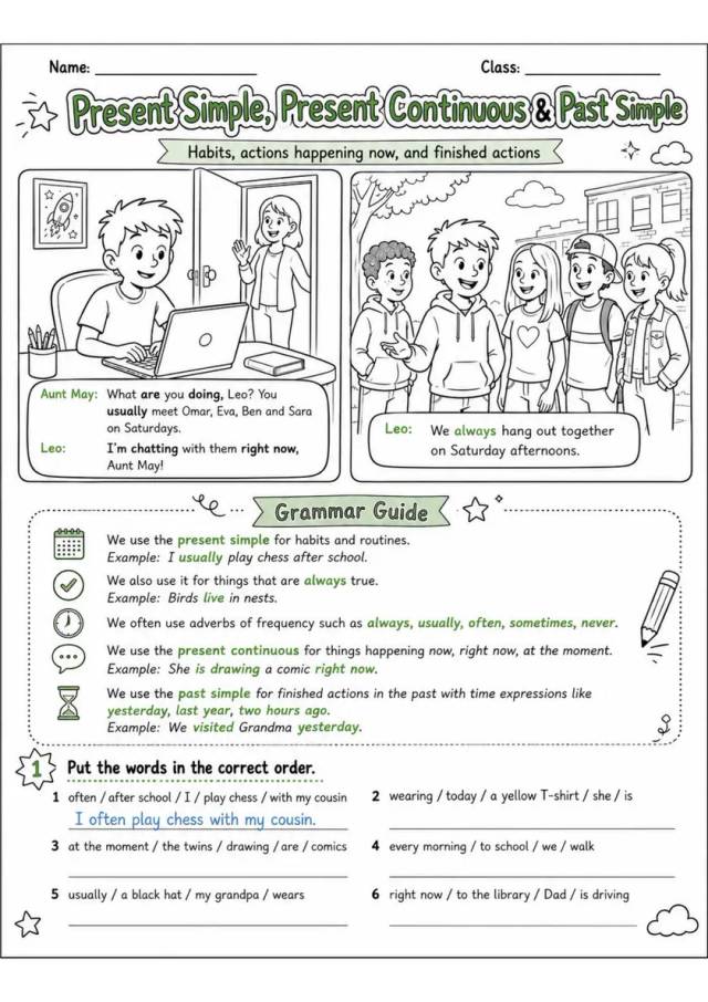 Present Simple, Present Continuous & Past Simple | Grade 5 Grammar Worksheet grade 5 printable PDF preview