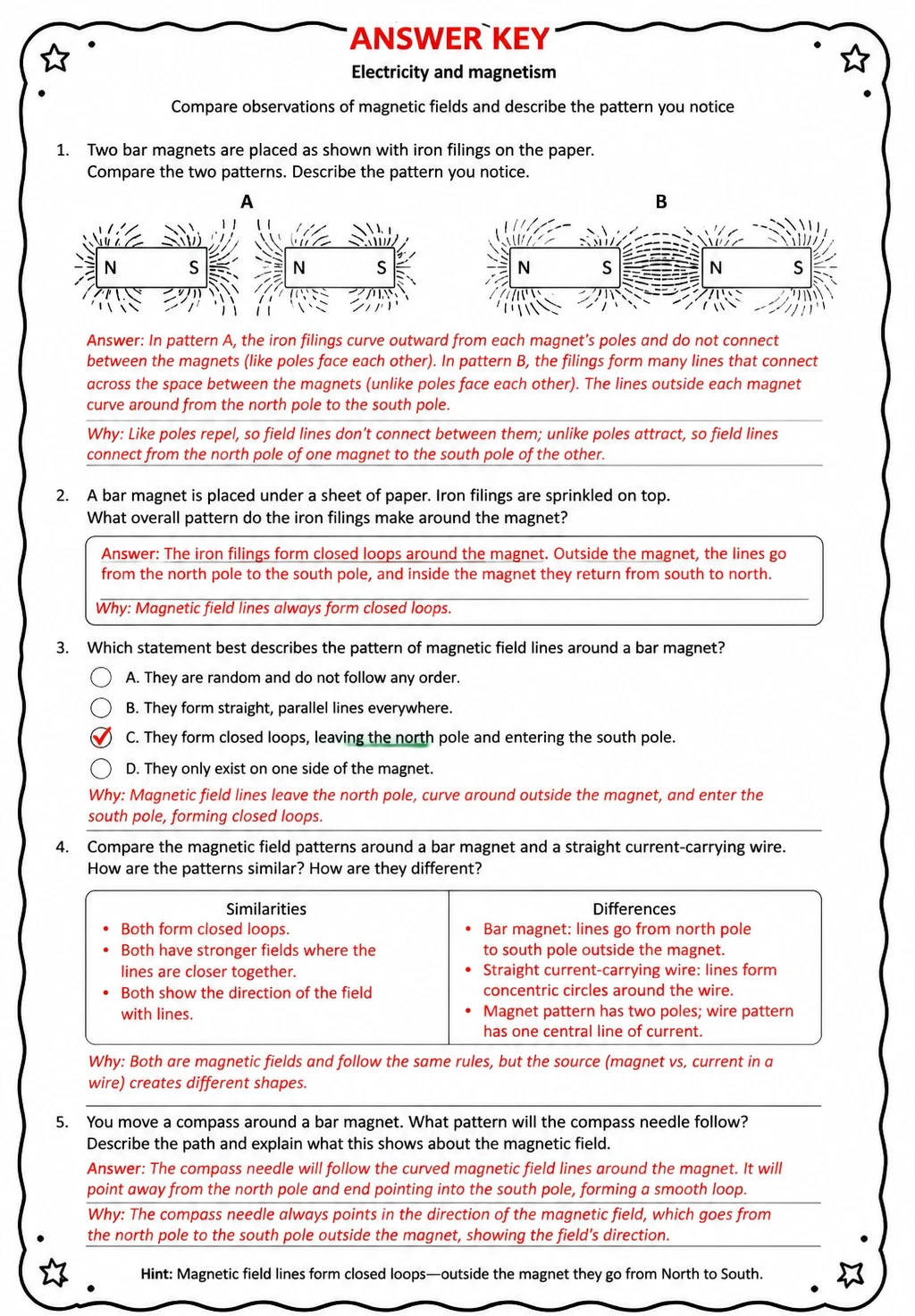 Answer key for Compare observations of magnetic fields and describe the pattern you notice — free printable Science worksheet