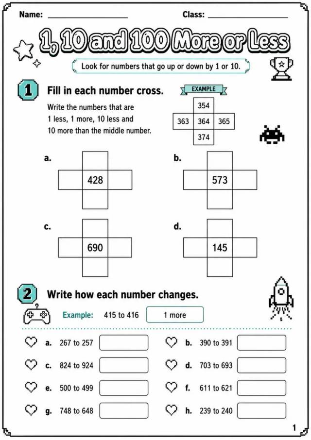 1, 10 and 100 More or Less - Grade 3 Math Worksheet grade 3 printable PDF preview