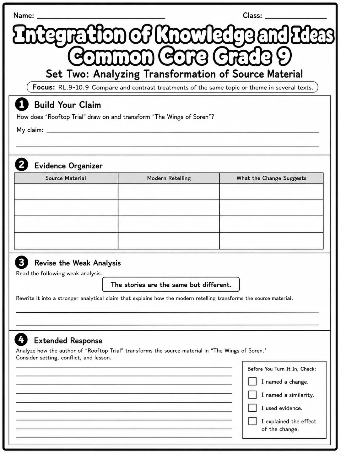 Integration of Knowledge and Ideas Common Core Grade 9 printable Common Core ELA Grade 9 worksheet preview from KiwiBee