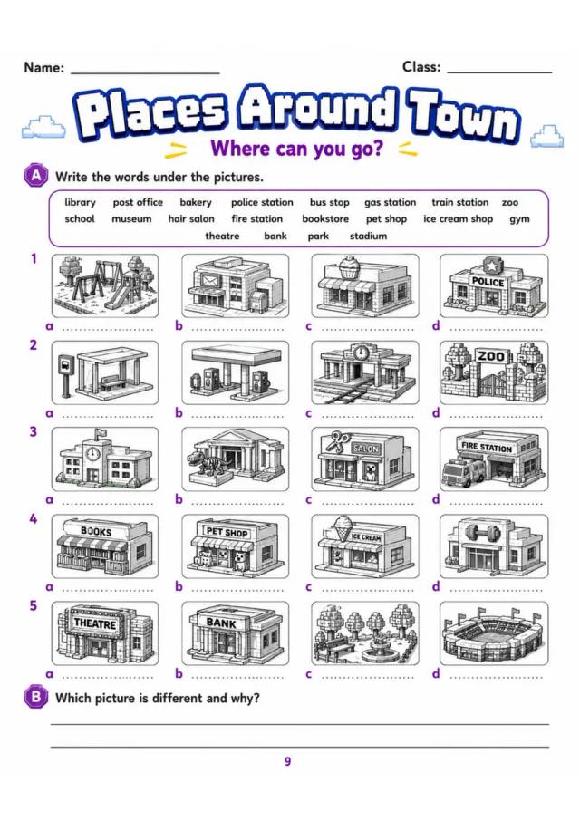 Cambridge MOVERS - Places Around Town | Free Worksheet primary printable PDF preview