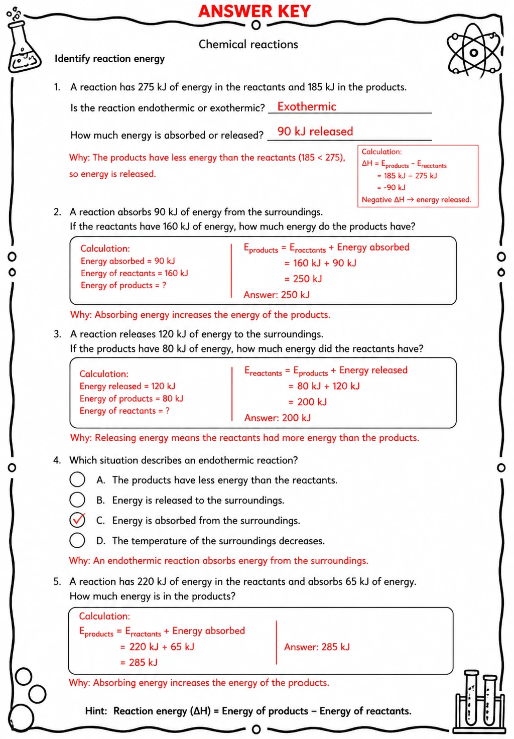 Answer key for Identify reaction energy — free printable Science worksheet