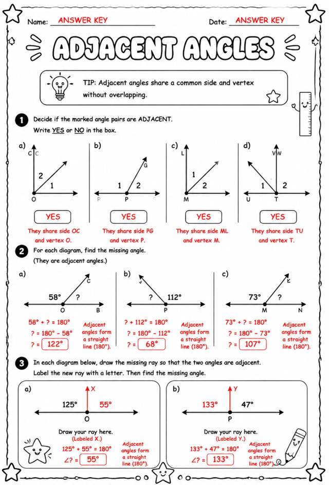 Answer key for Adjacent angles — free printable Math worksheet