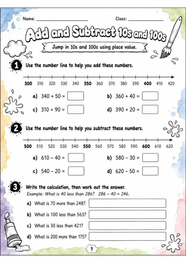Add and Subtract 10s and 100s - Grade 3 Math Worksheet - grade 3 Reading, explanation, and short-response questions grade 3 printable PDF preview