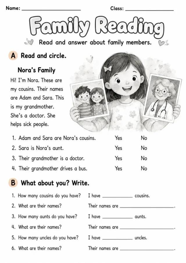 Family Reading | Grade 2 Reading Worksheet grade 2 printable PDF preview
