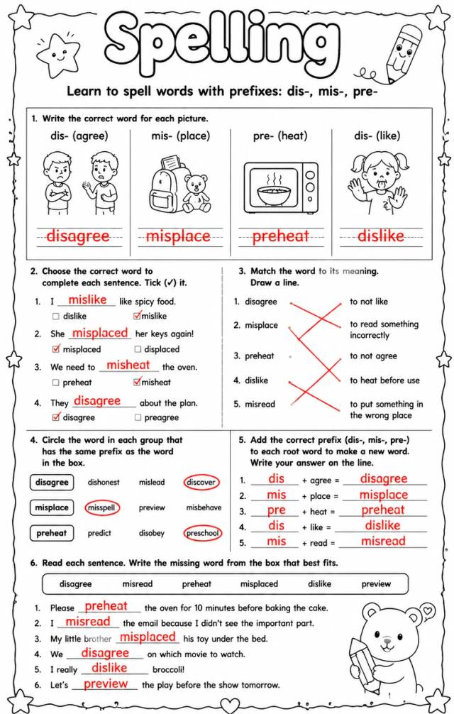 Answer key for Learn to spell words with prefixes: dis-, mis-, pre- — free printable English & Reading worksheet