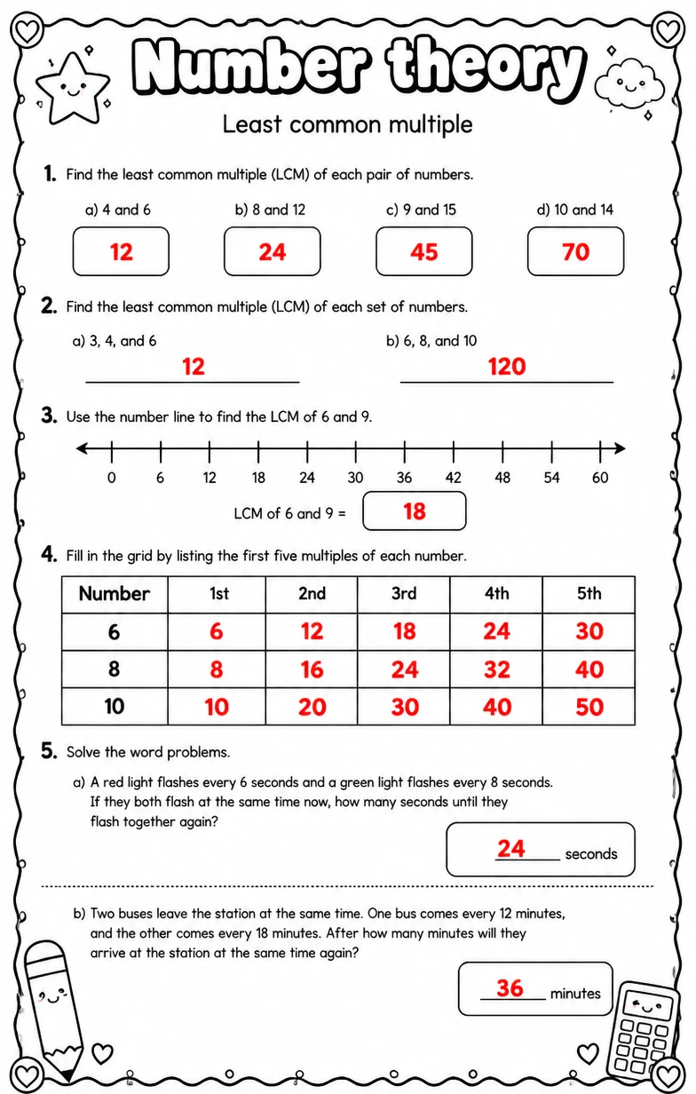 Answer key for Least common multiple — free printable Math worksheet
