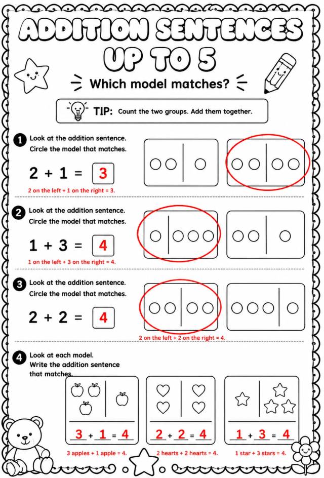 Answer key for Addition sentences up to 5 - which model matches? — free printable Math worksheet