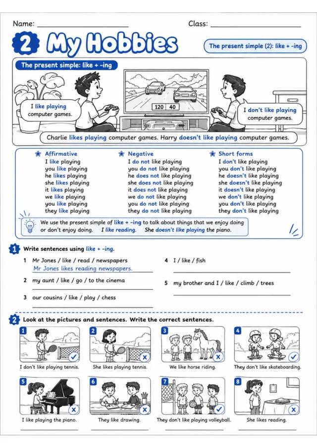 Like Plus Ing: 2 My Hobbies | Grades 3-4 Grammar Worksheet grades 3 4 printable PDF preview