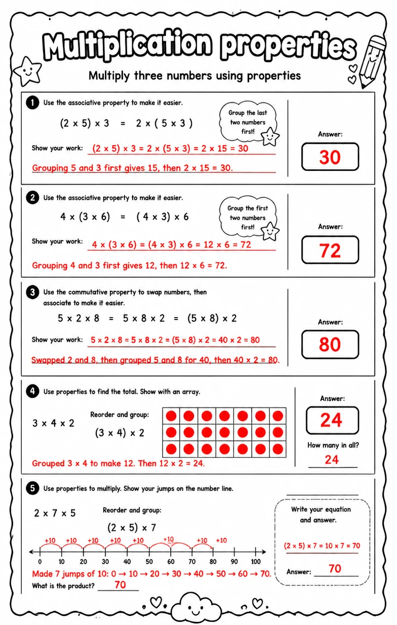 Answer key for Multiply three numbers using properties — free printable Math worksheet
