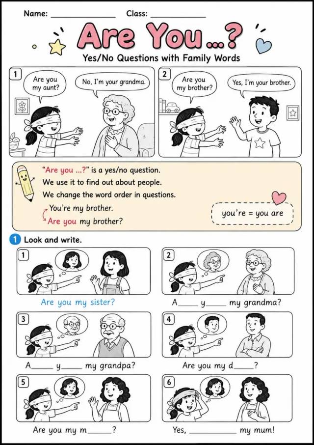 Are You? Family Yes or No Questions | Grade 1 Grammar Worksheet grade 1 printable PDF preview