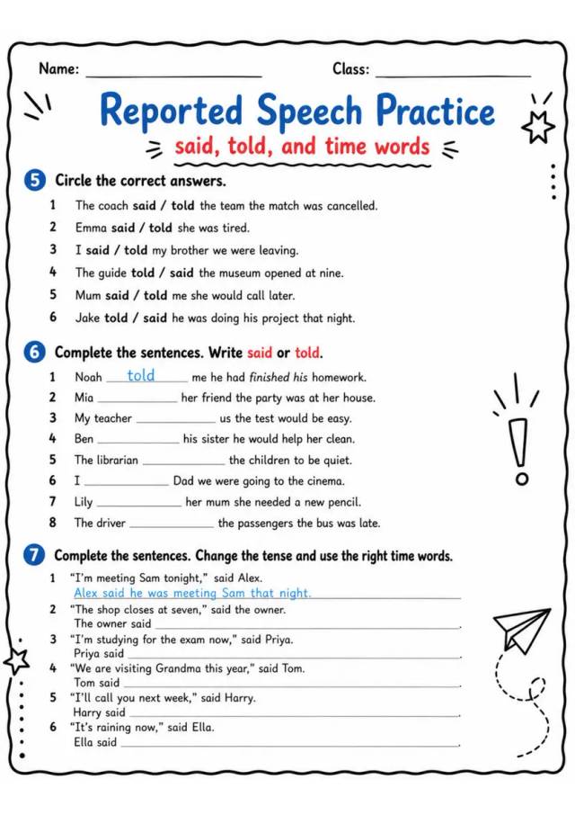 Reported Speech Practice 2 | Grade 5 Grammar Worksheet grade 5 printable PDF preview