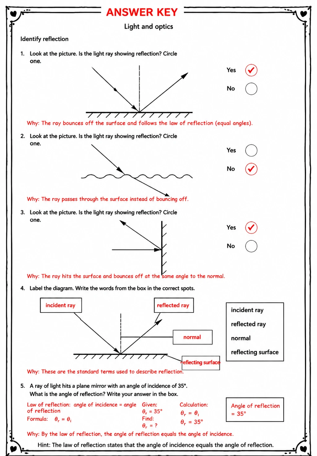Answer key for Identify reflection — free printable Science worksheet