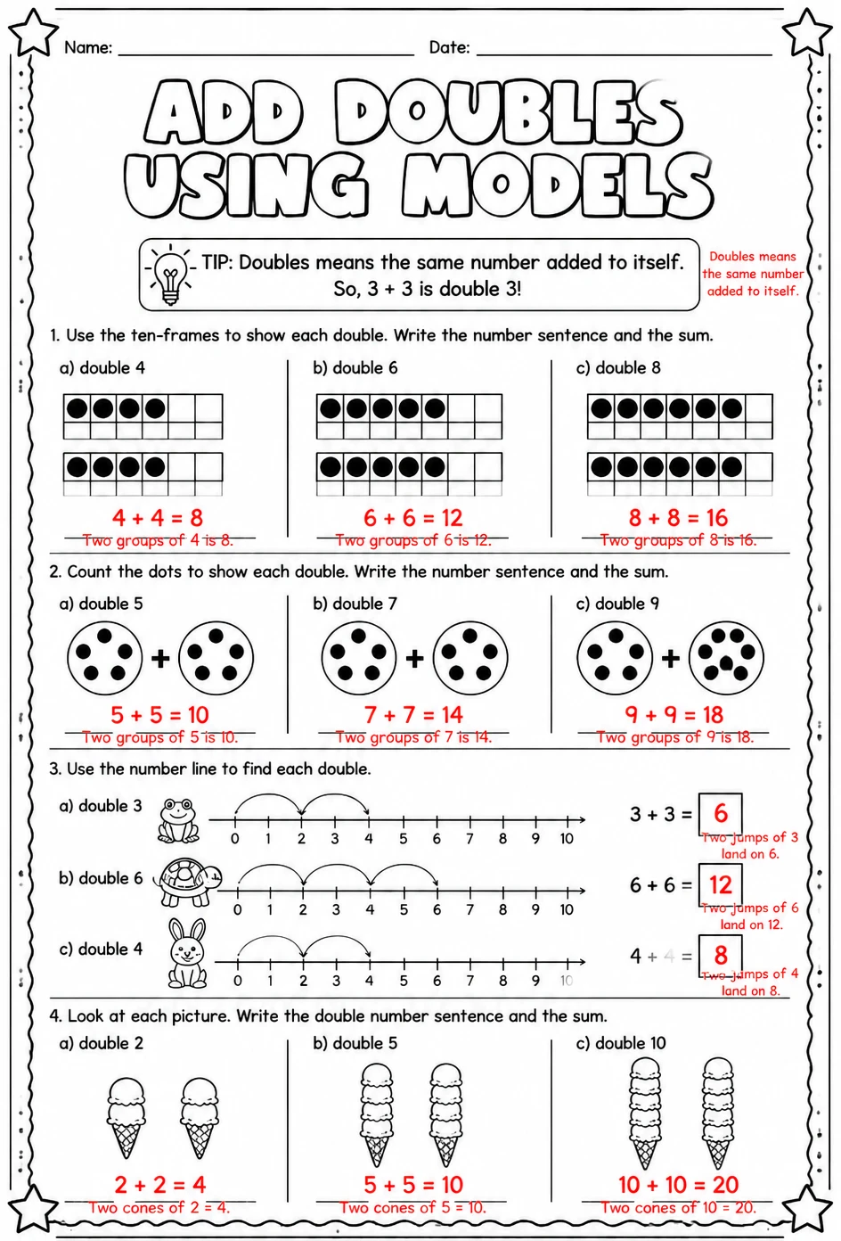 Answer key for Add doubles using models — free printable Math worksheet