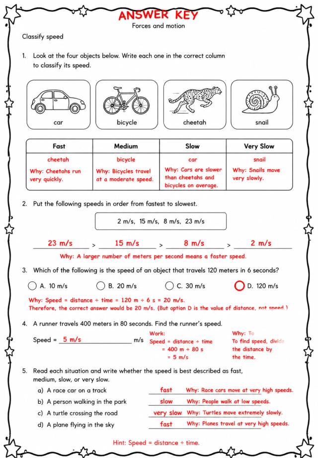 Answer key for Classify speed — free printable Science worksheet
