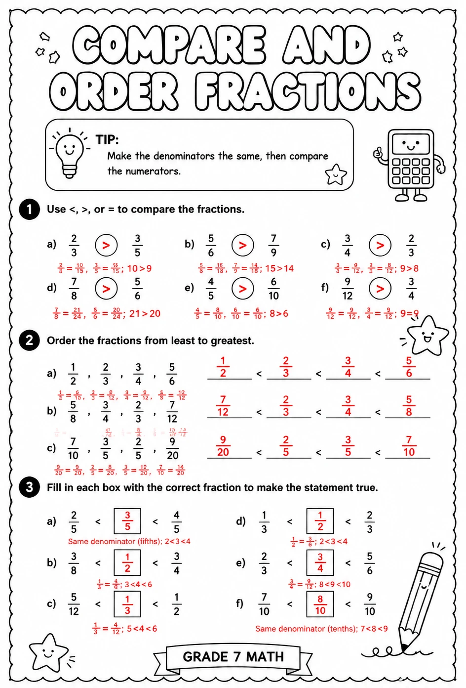 Answer key for Compare and order fractions — free printable Math worksheet