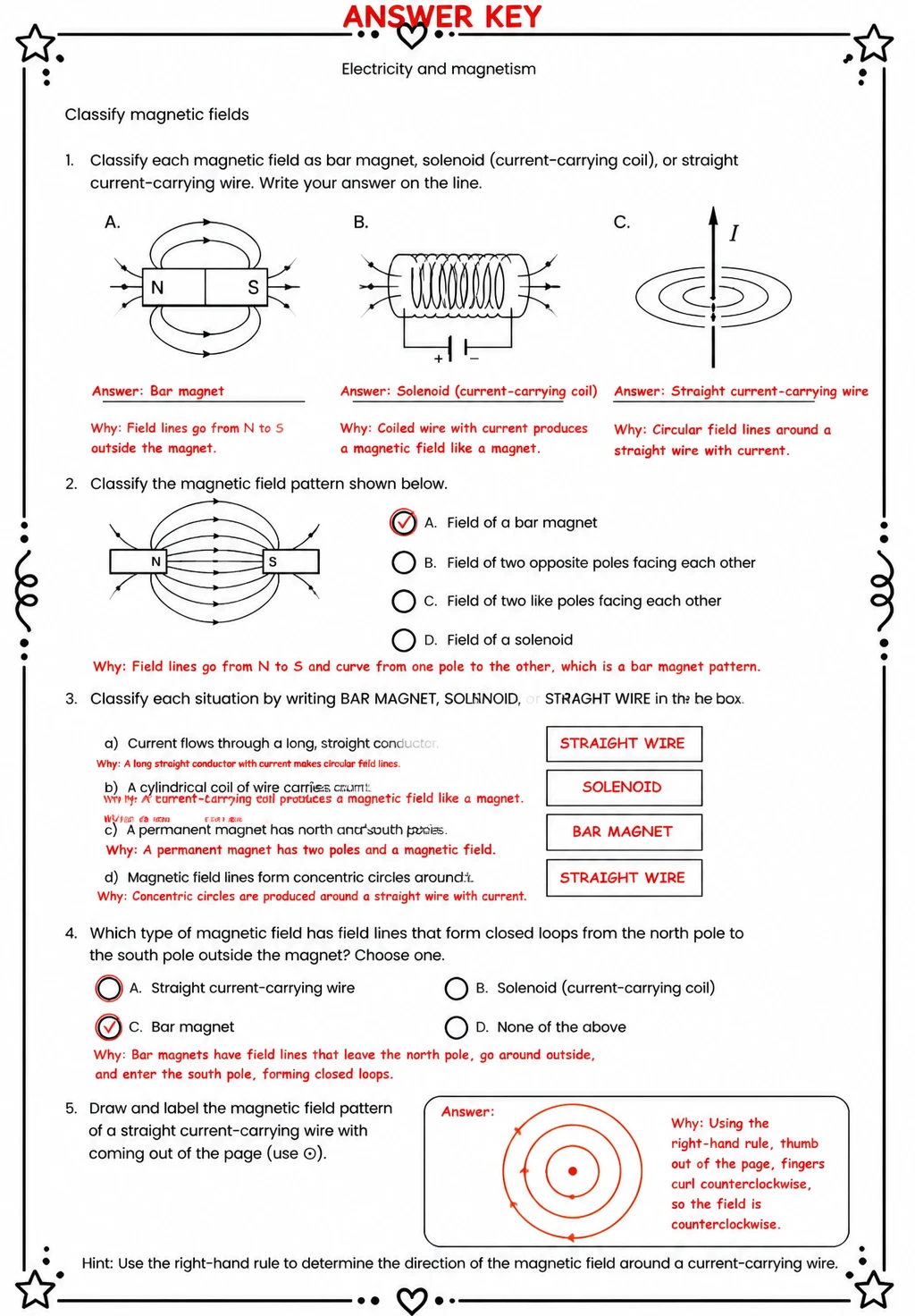 Answer key for Classify magnetic fields — free printable Science worksheet