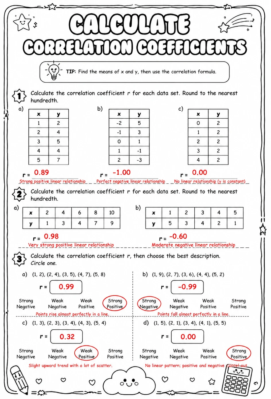 Answer key for Calculate correlation coefficients — free printable Math worksheet