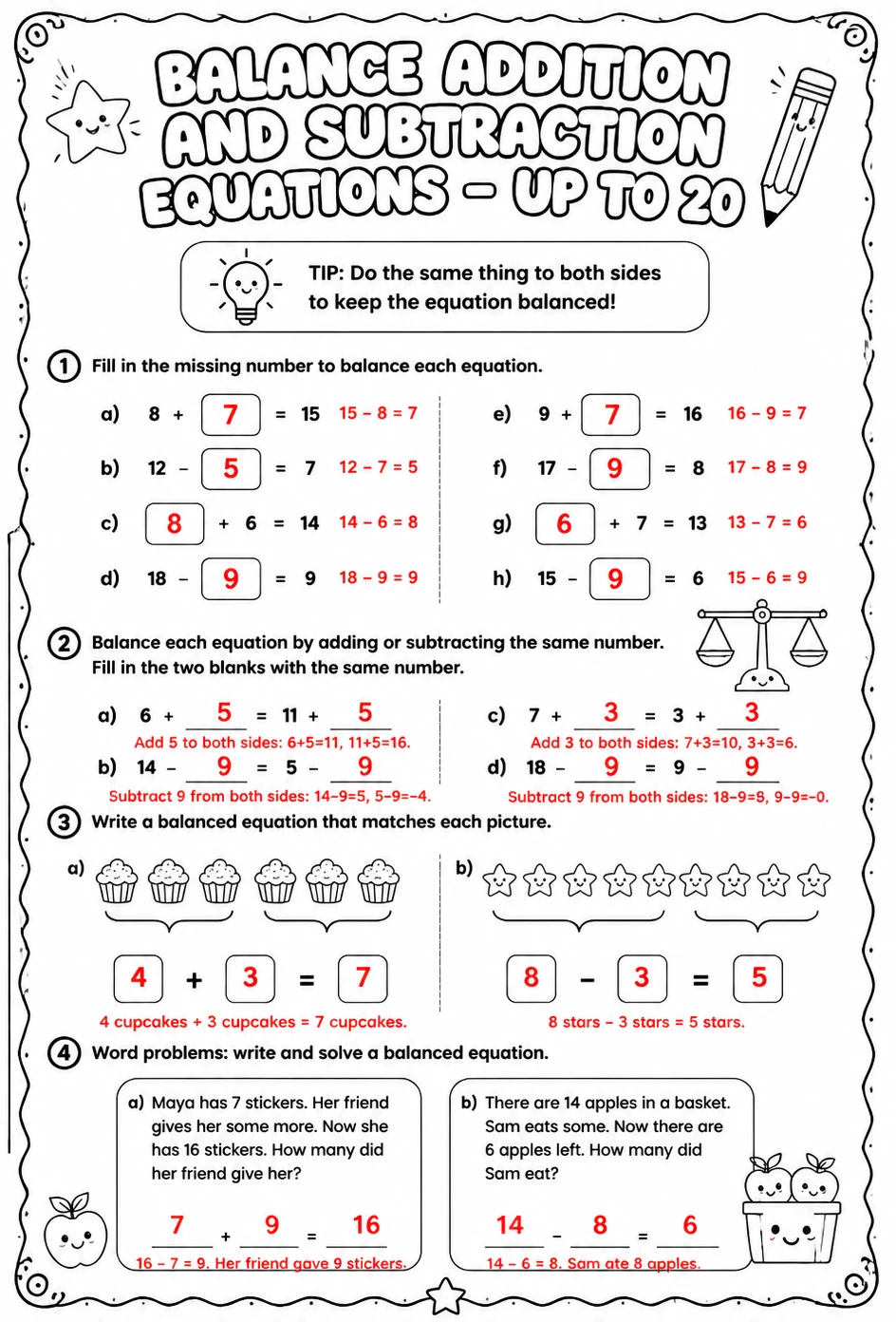 Answer key for Balance addition and subtraction equations - up to 20 — free printable Math worksheet