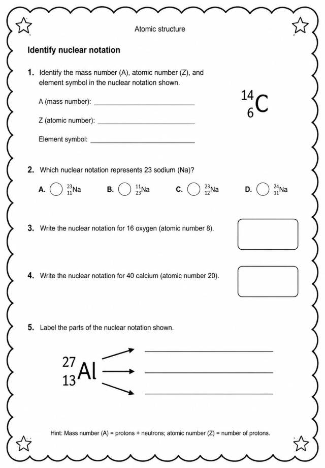 Identify nuclear notation — free printable High School Science worksheet