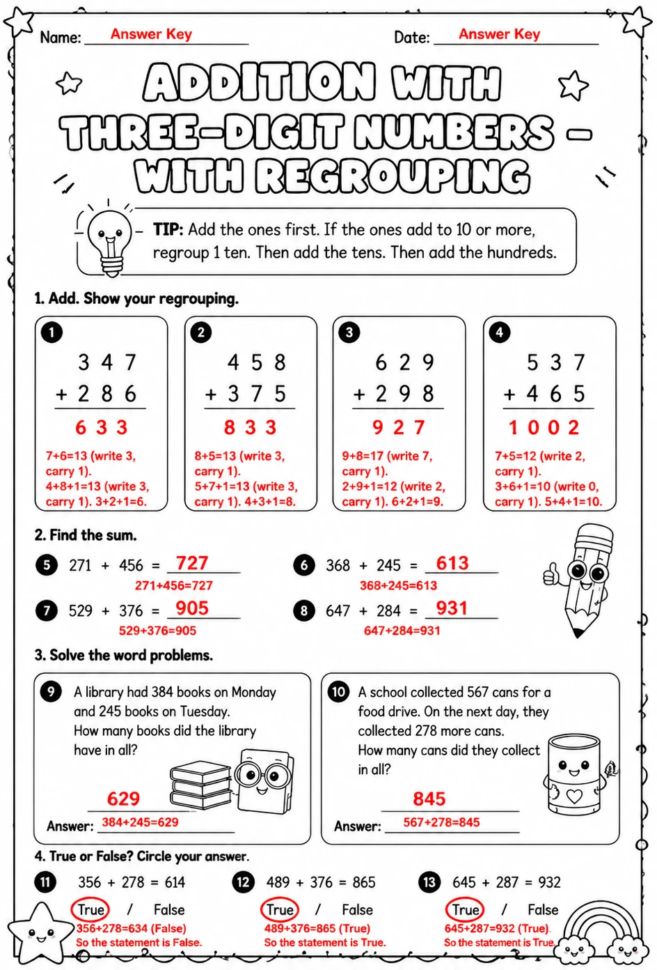 Answer key for Addition with three-digit numbers - with regrouping — free printable Math worksheet