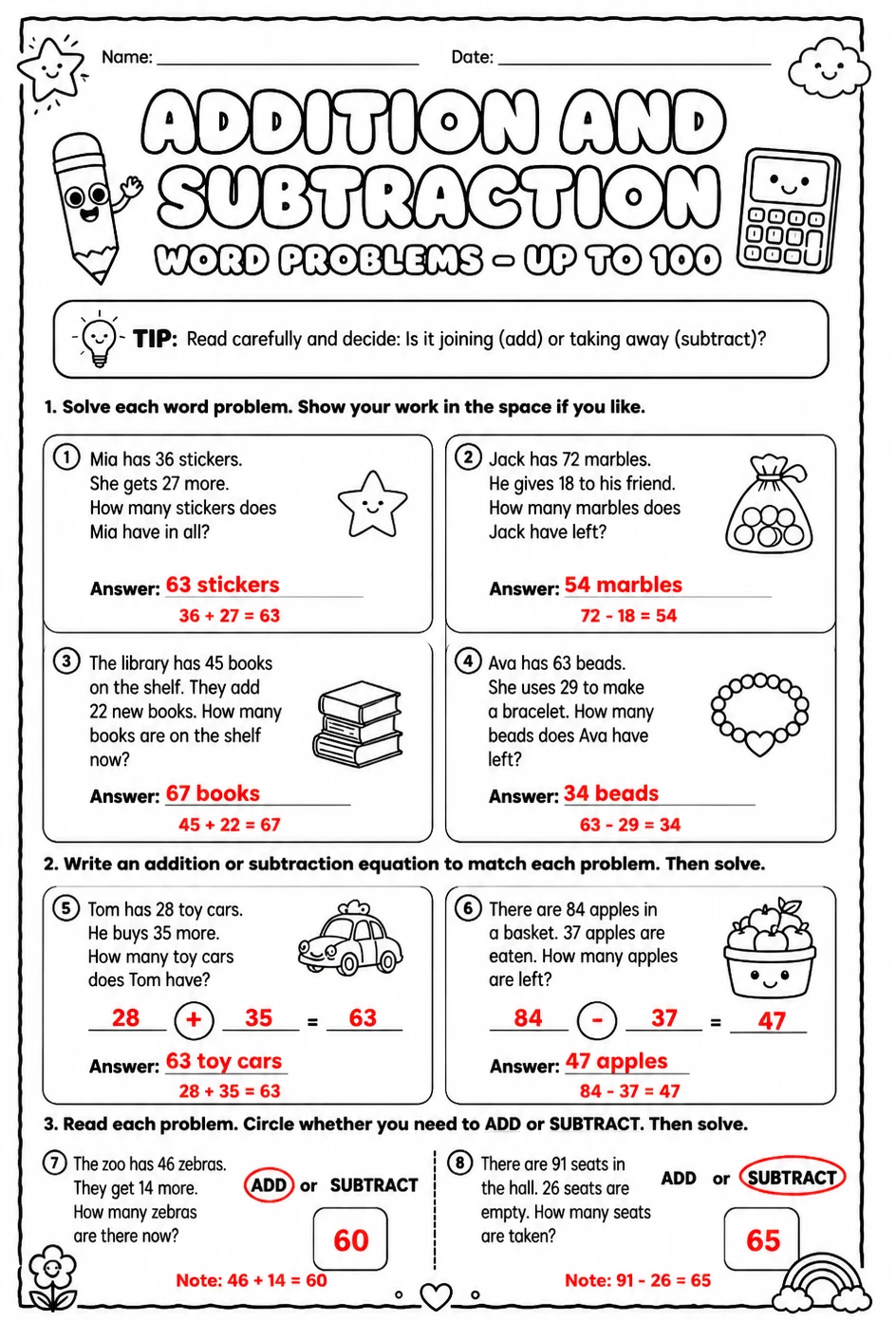 Answer key for Addition and subtraction word problems - up to 100 — free printable Math worksheet