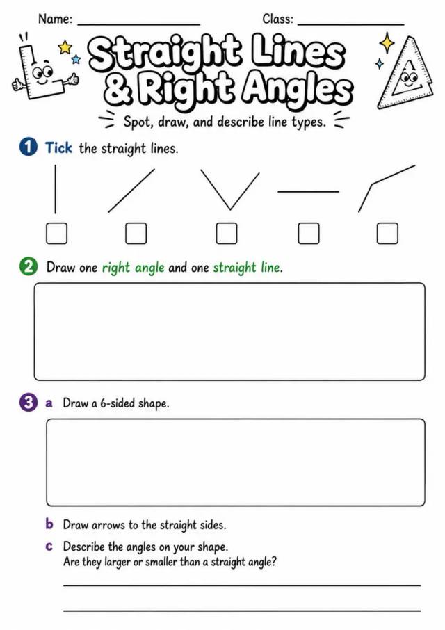 Straight Lines & Right Angles - Grade 3 Math Worksheet grade 3 printable PDF preview