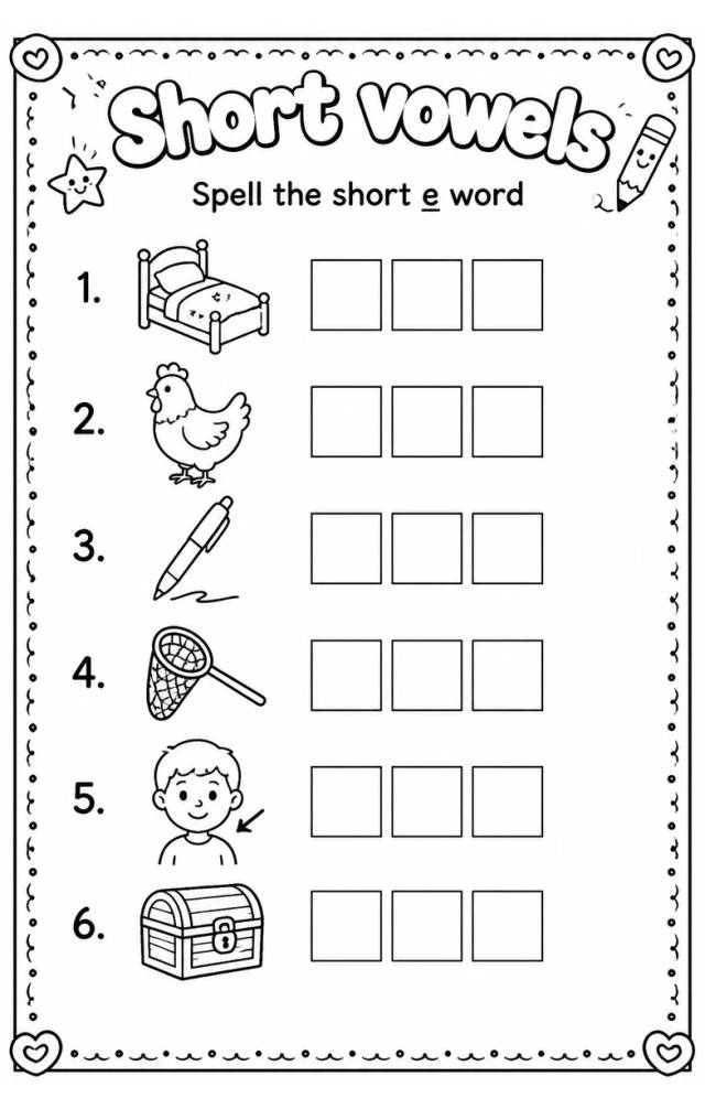 Spell the short e word — free printable Reading foundations English worksheet