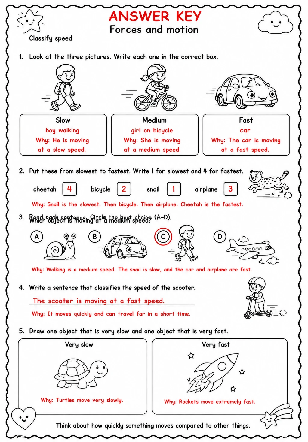 Answer key for Classify speed — free printable Science worksheet