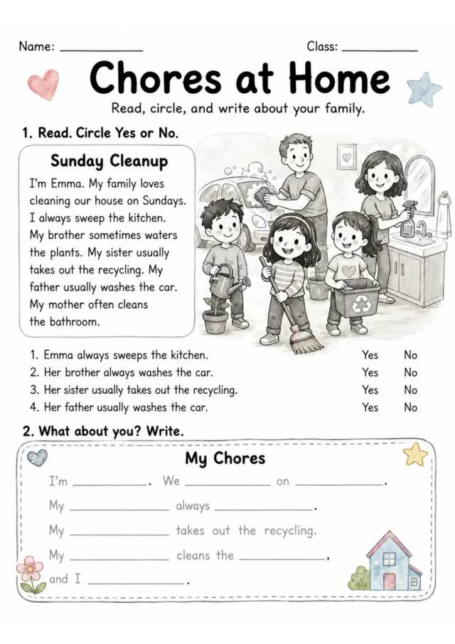 Chores At Home | Grade 2 Vocabulary Worksheet grade 2 printable PDF preview