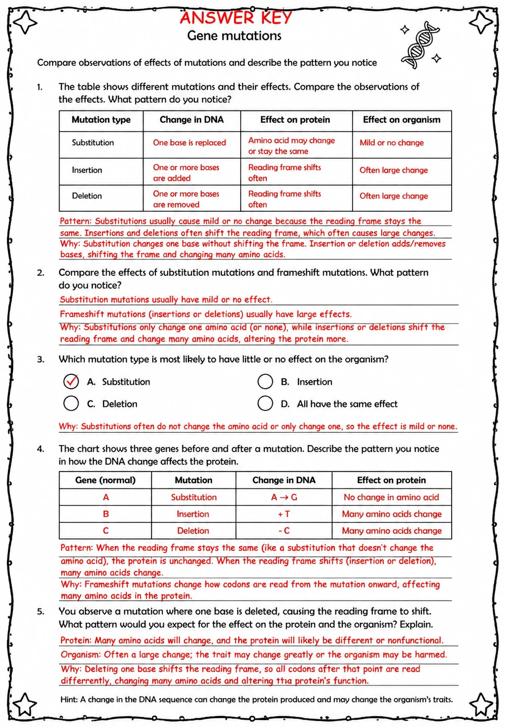 Answer key for Compare observations of effects of mutations and describe the pattern you notice — free printable Science worksheet