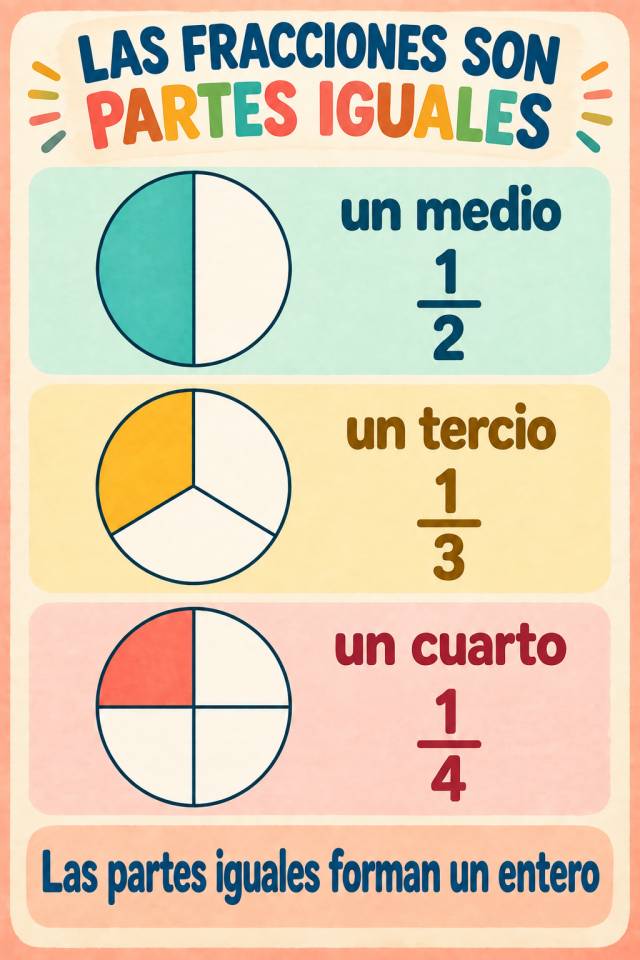 Póster Las fracciones son partes iguales con modelos circulares de un medio, un tercio y un cuarto, cada uno con una sola parte coloreada.