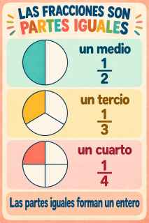 Póster de fracciones y partes iguales en gouache