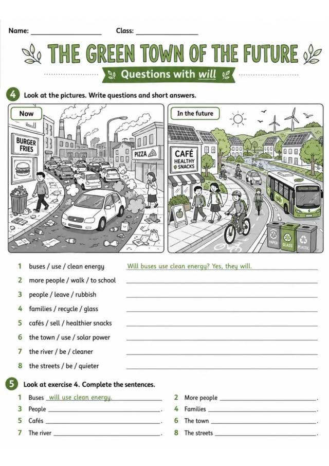 The Green Town Of The Future | Grade 5 Grammar Worksheet grade 5 printable PDF preview