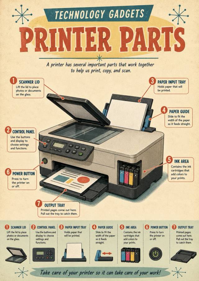Technology Gadgets infographic poster showing PRINTER PARTS, 1 SCANNER LID, Lift the lid to place photos or documents on the glass., 2...