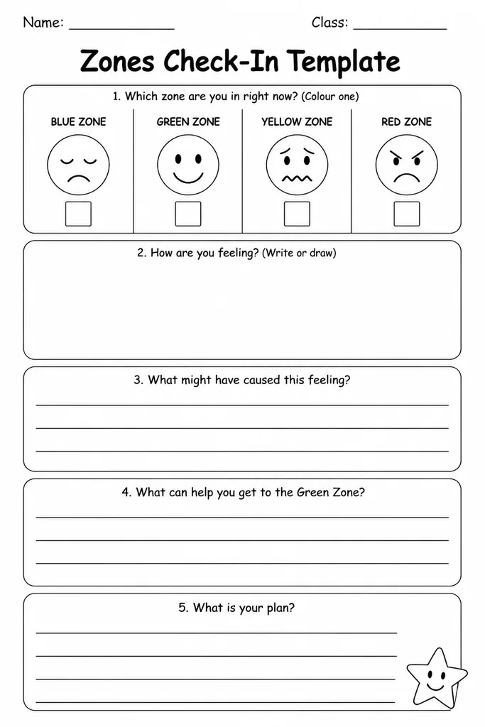 Blank printable zones check-in template divided into four colour zones with empty labels and feelings words boxes for teacher customisation