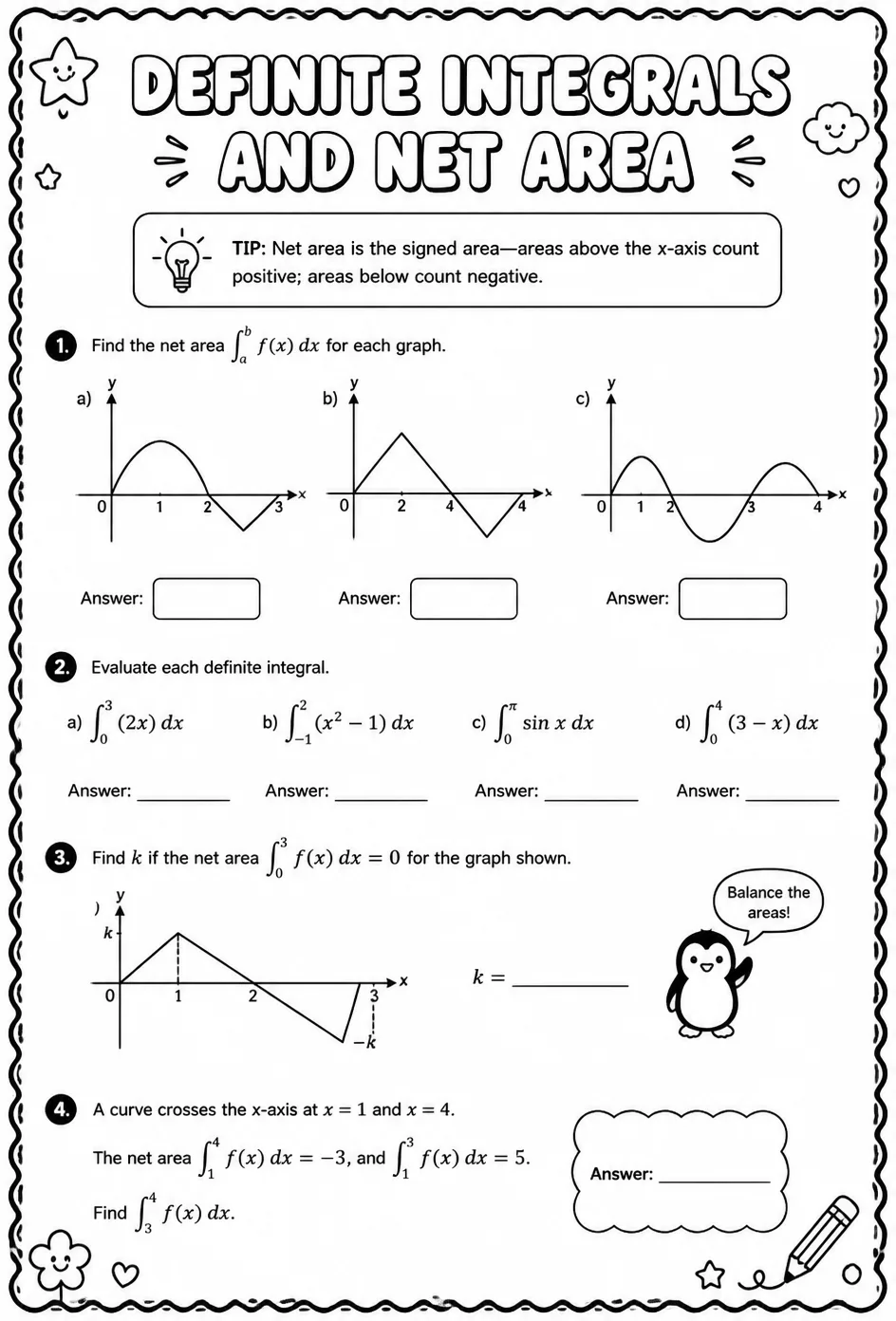 Definite integrals and net area — free printable Calculus math worksheet